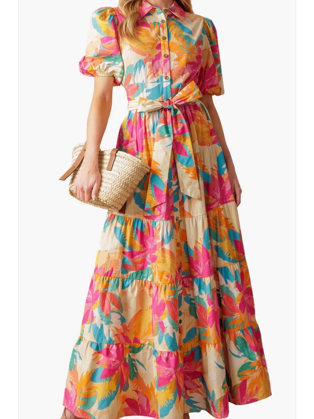 Flying Tomato Tropical Floral Tiered Maxi Shirt Dress Size Large NWOT
